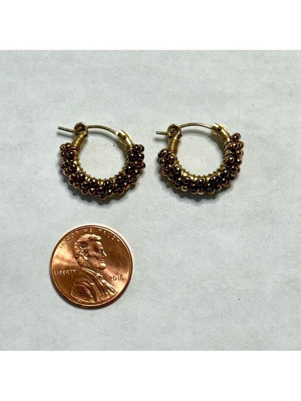 Gold Filled Huggie Hoop Earrings Wire Wrapped Beaded Rose Gold - Picture 3 of 4